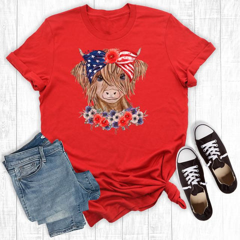 Fourth of July Highland Cow Red Graphic Tee