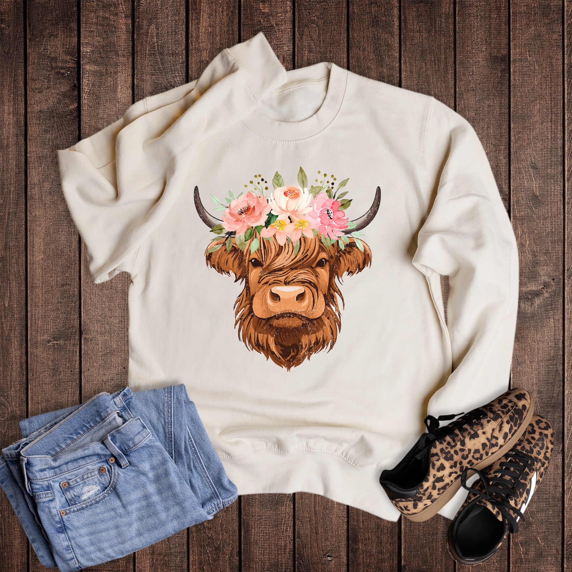 Highland Cow with Flower Headpiece Sweatshirt
