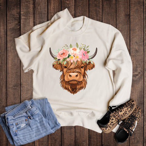 Highland Cow with Flower Headpiece Sweatshirt