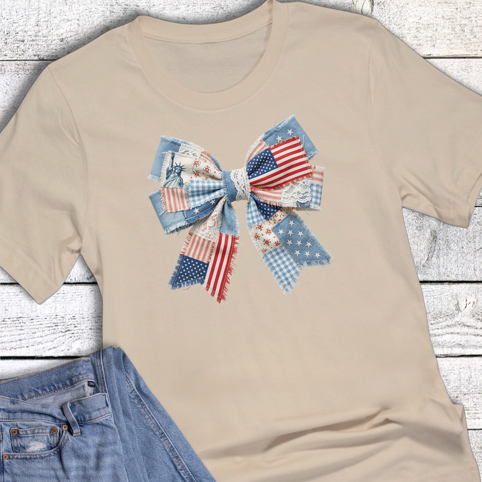 July 4th America Faux Patchwork Bow Graphic Tee