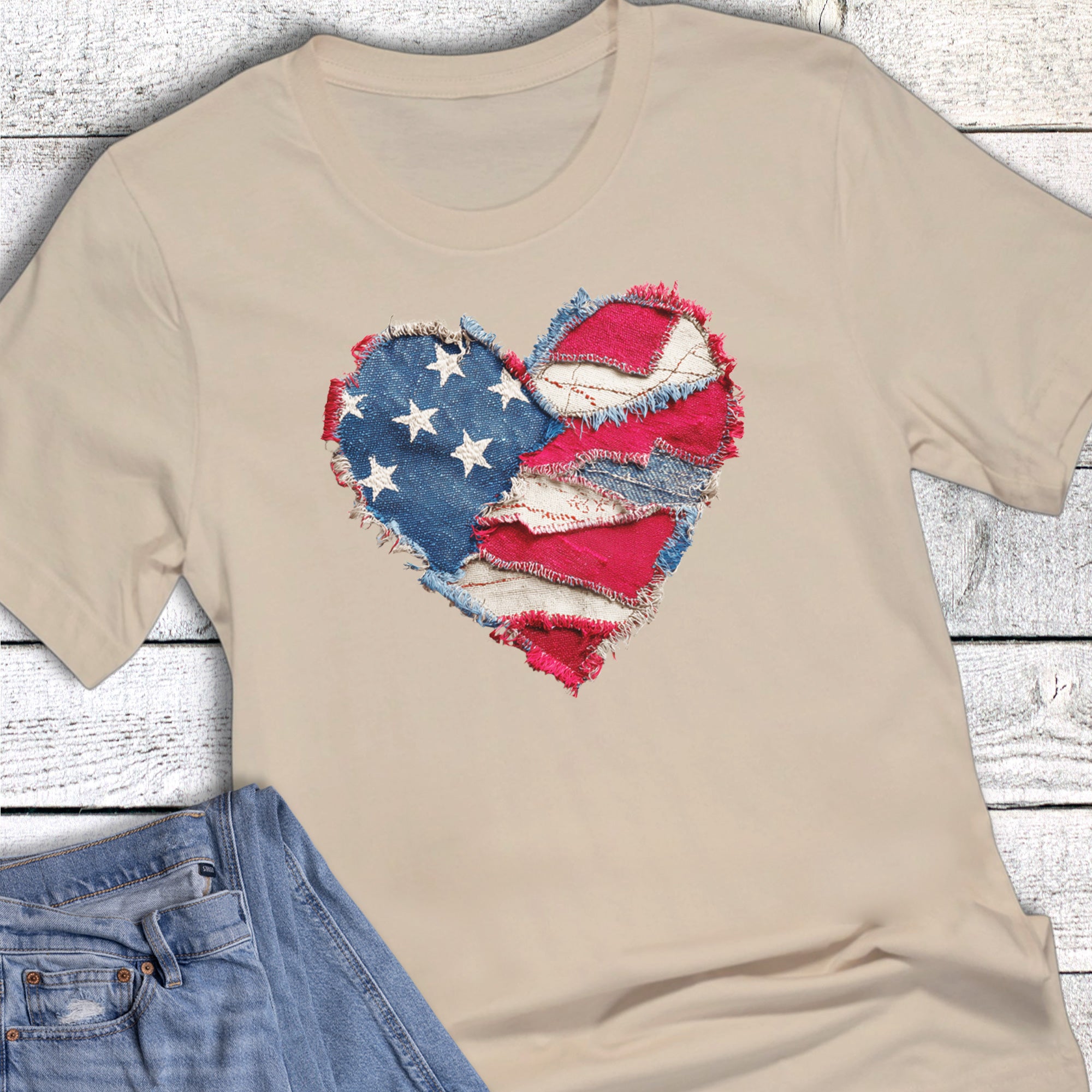 July 4th Faux Patch Work American Flag Heart Graphic Tee
