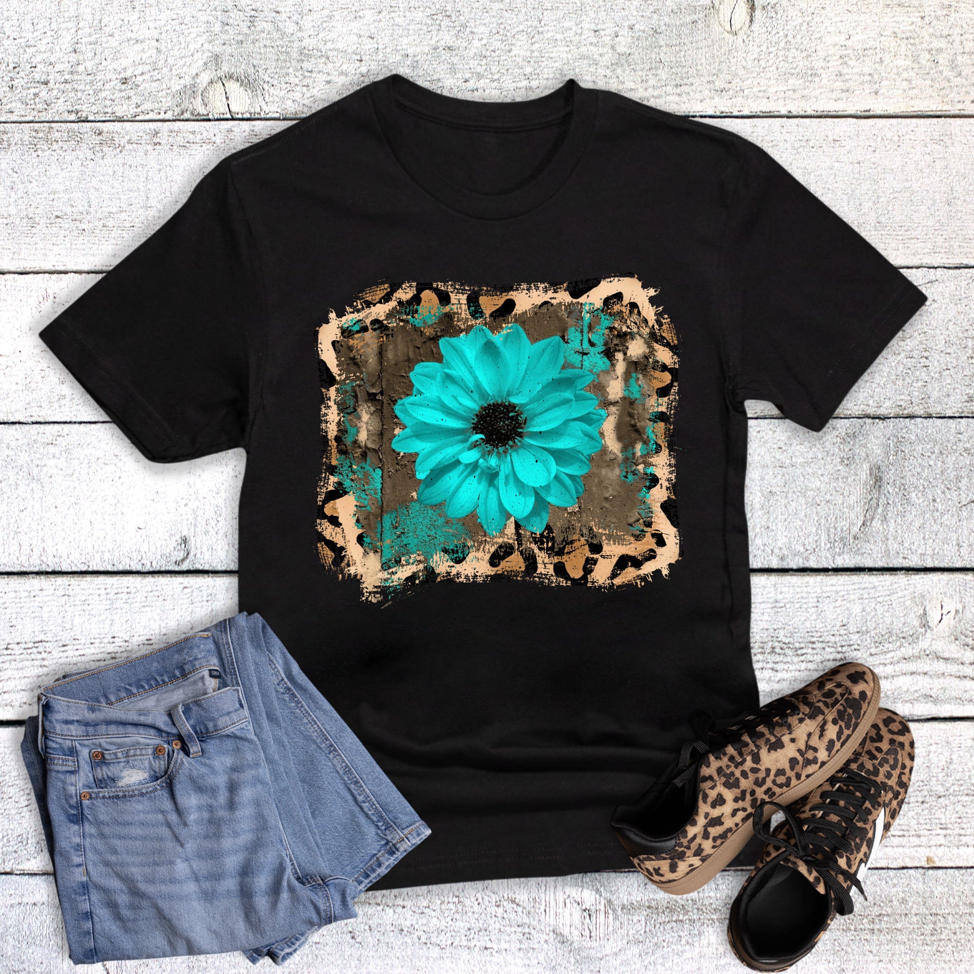 Leopard and Turquoise Flower in Frame