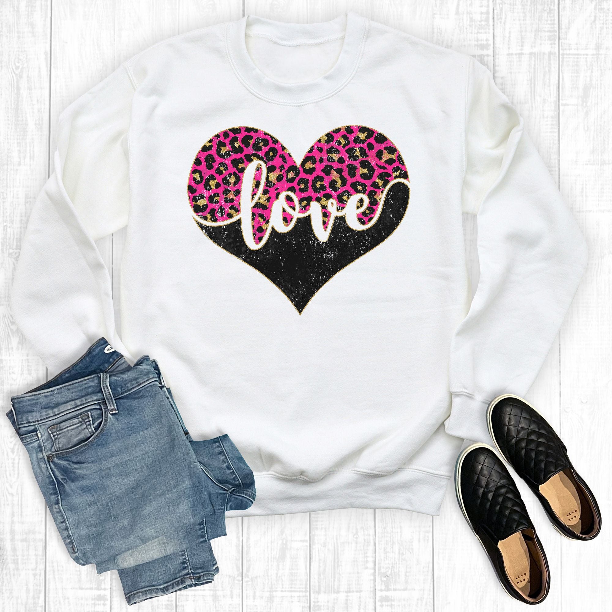 Leopard Love Valetine Heart White Sweatshirt