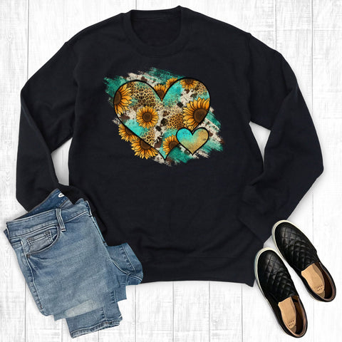 Leopard Sunflower Cowhide Heart Black Sweatshirt