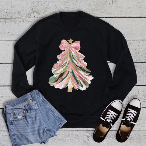 Pink Bow Coquette Christmas Tree Sweatshirt