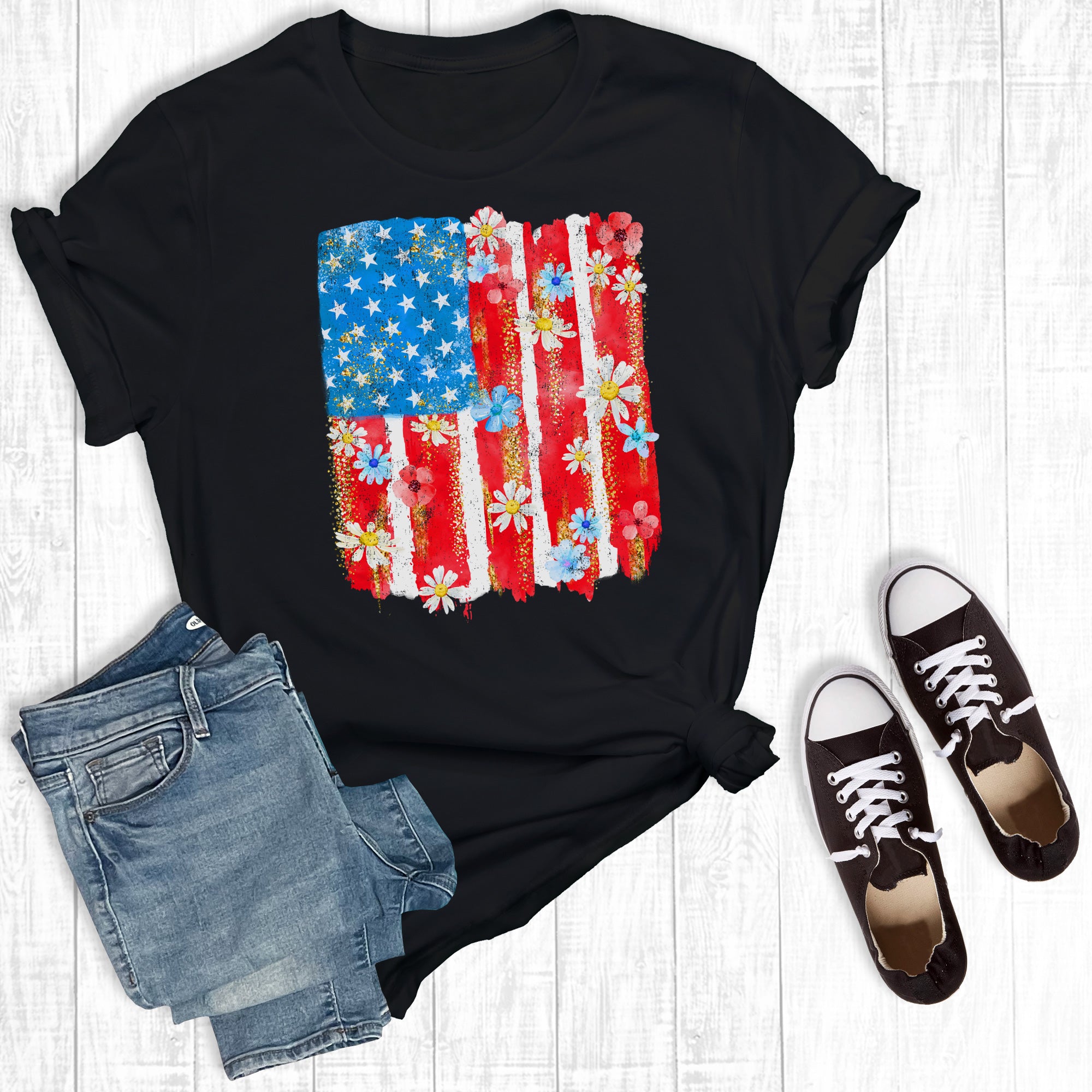 Retro 4th of July Floral Patriotic Flag