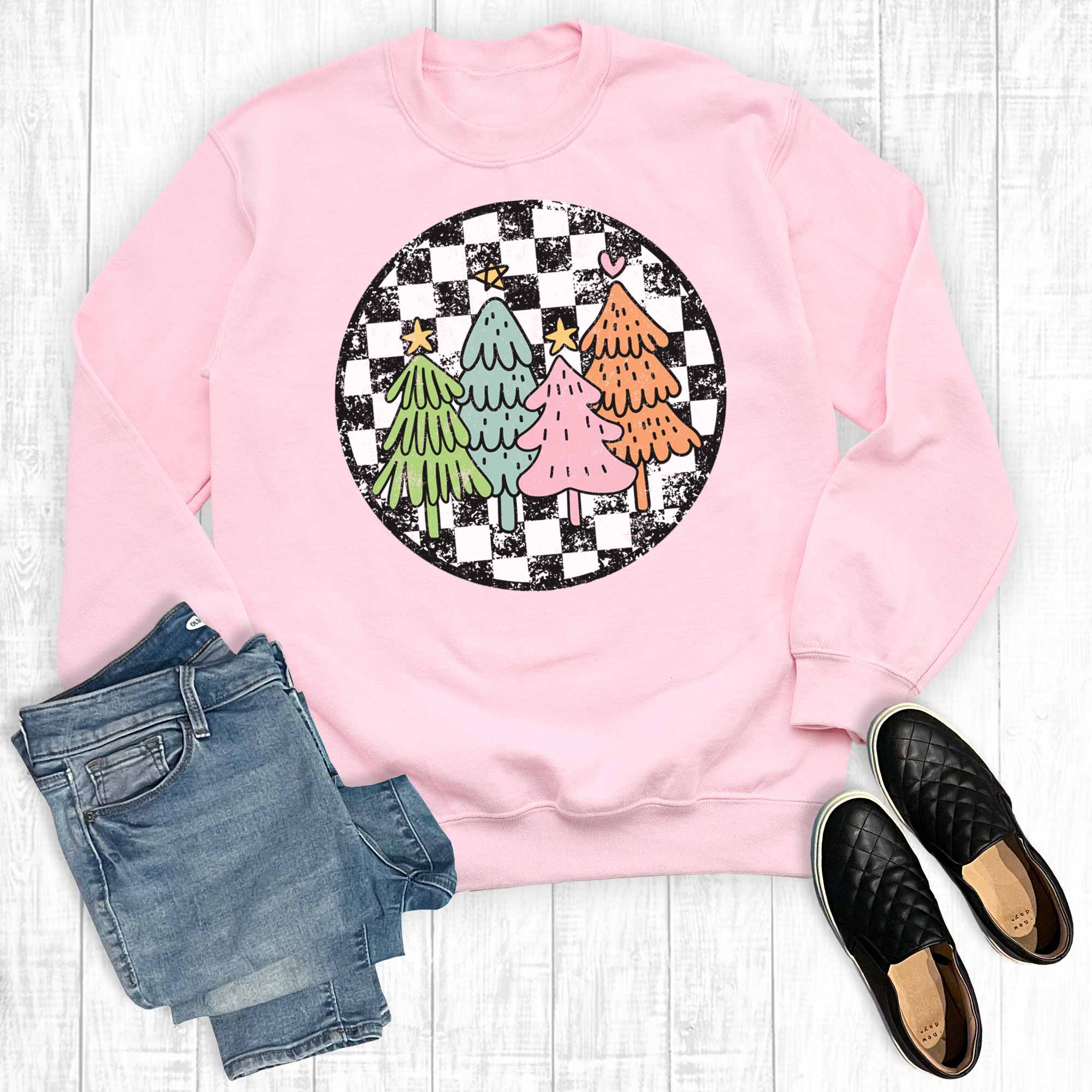 Retro Checkered Colorful Christmas Trees Sweatshirt