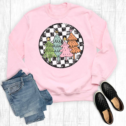 Retro Checkered Colorful Christmas Trees Sweatshirt