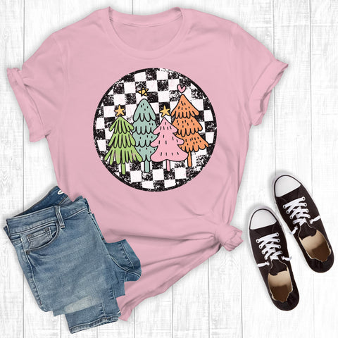 Retro Checkered Colorful Christmas Trees