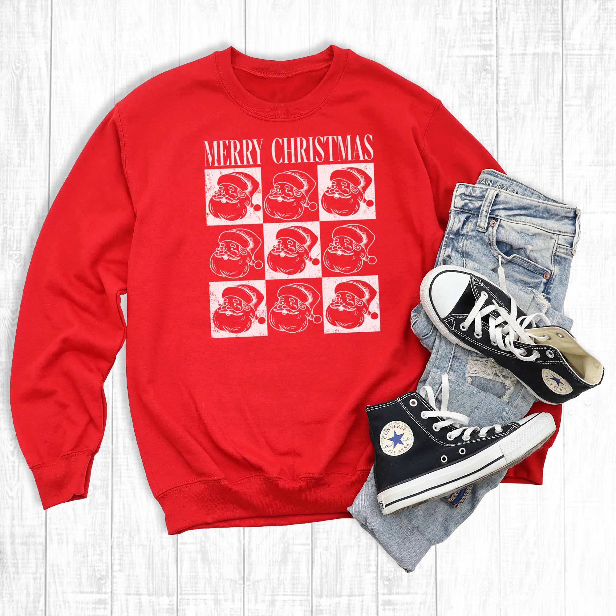 Retro Checkered Merry Christmas Santas Graphic Sweatshirt