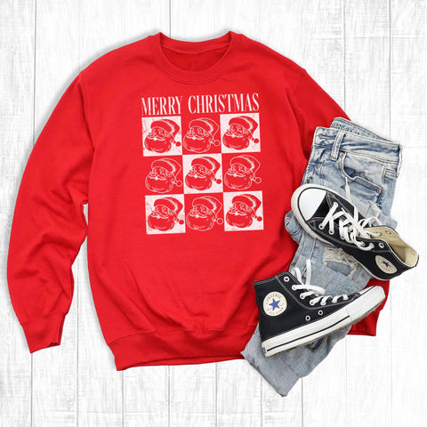 Retro Checkered Merry Christmas Santas Graphic Sweatshirt