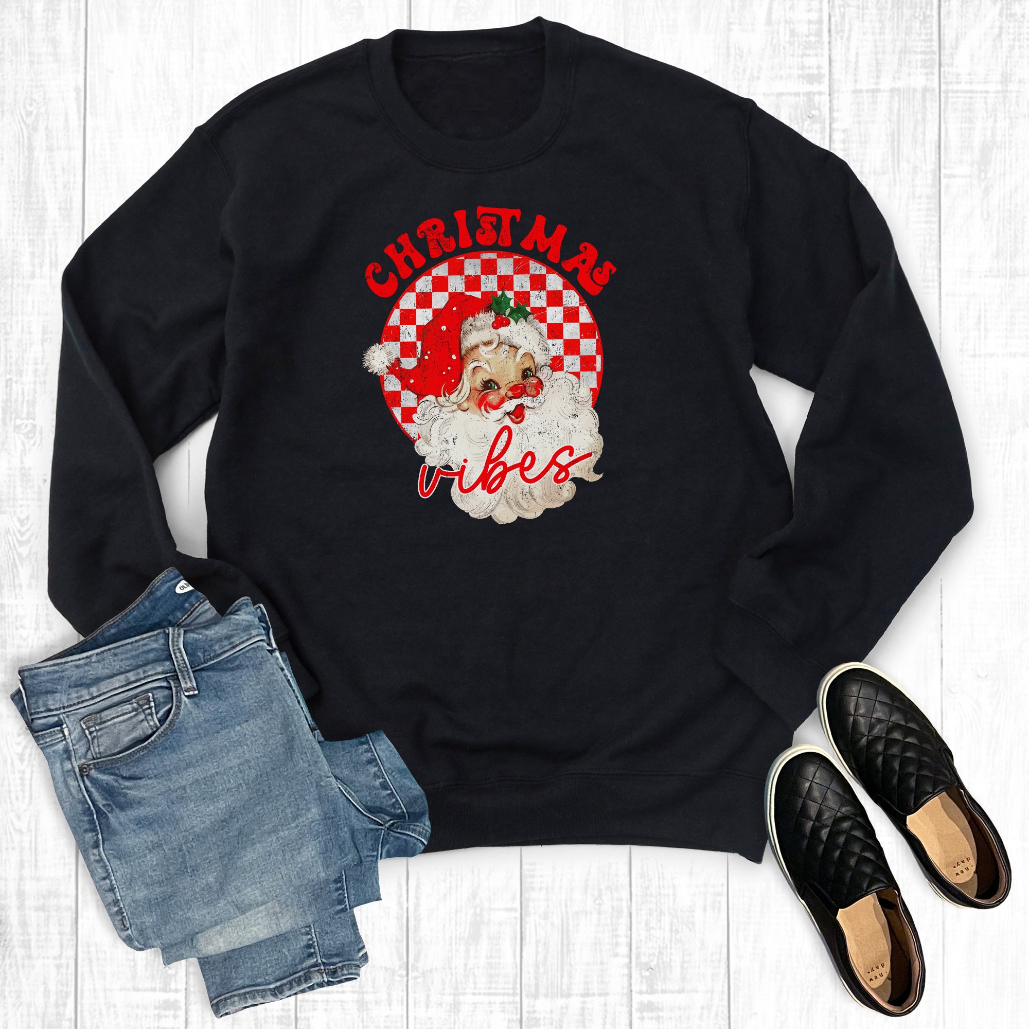 Retro Checkered Santa Christmas Vibes Sweatshirt