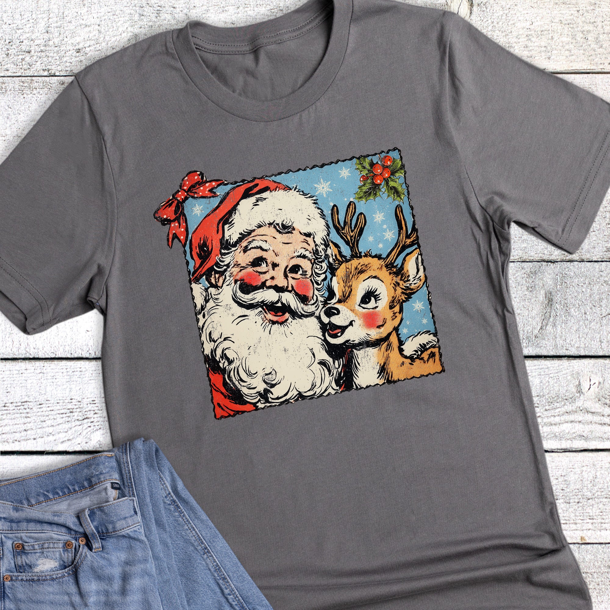 Retro Christmas Drawn Santa And Reindeer