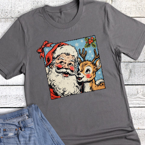 Retro Christmas Drawn Santa And Reindeer