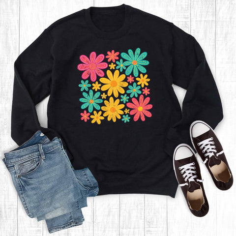Retro Colorful Flowers Graphic Sweatshirt