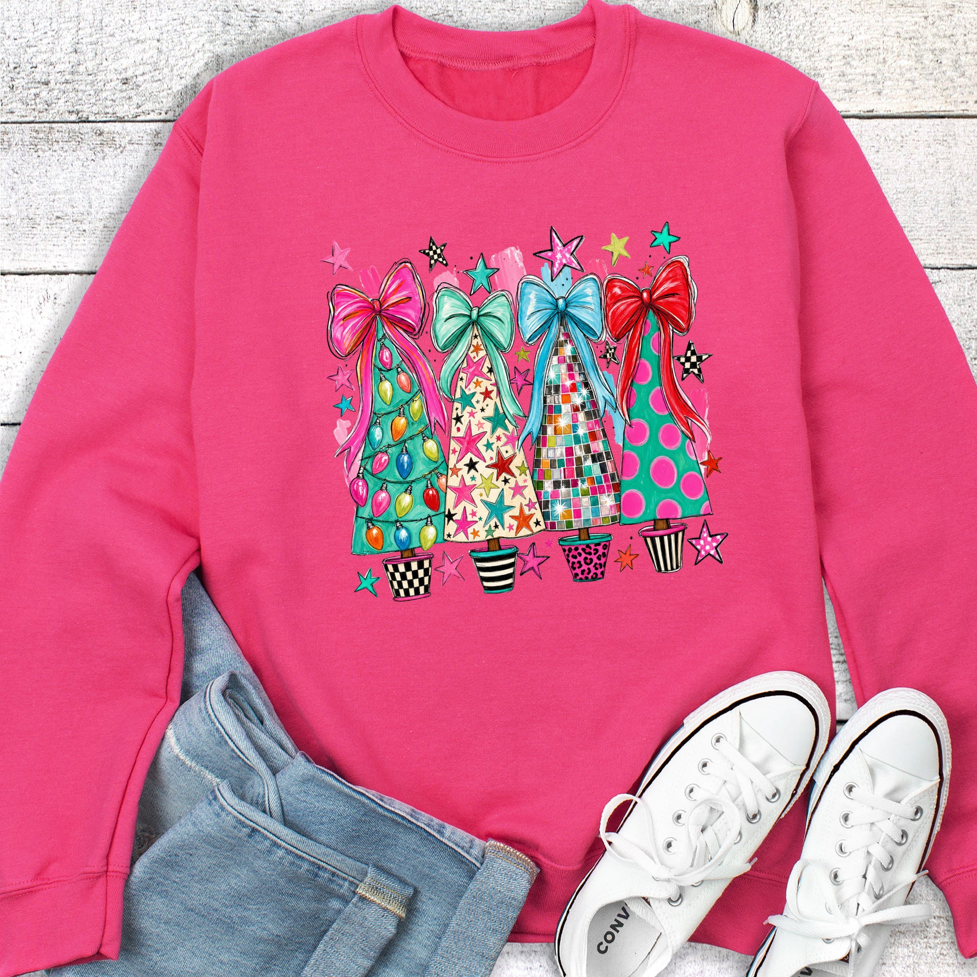 Retro Colorful Coquette Disco Christmas Trees Sweatshirt