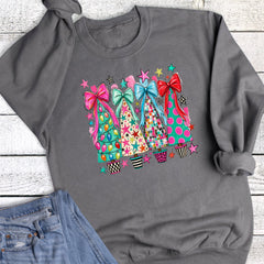 Retro Colorful Coquette Disco Christmas Trees Sweatshirt