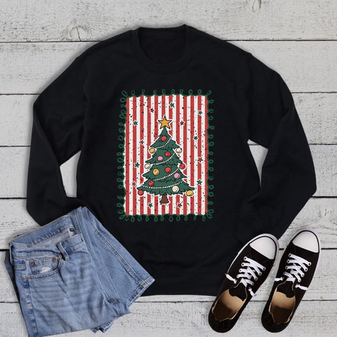 Retro Curly Striped Christmas Tree Graphic Sweatshirt