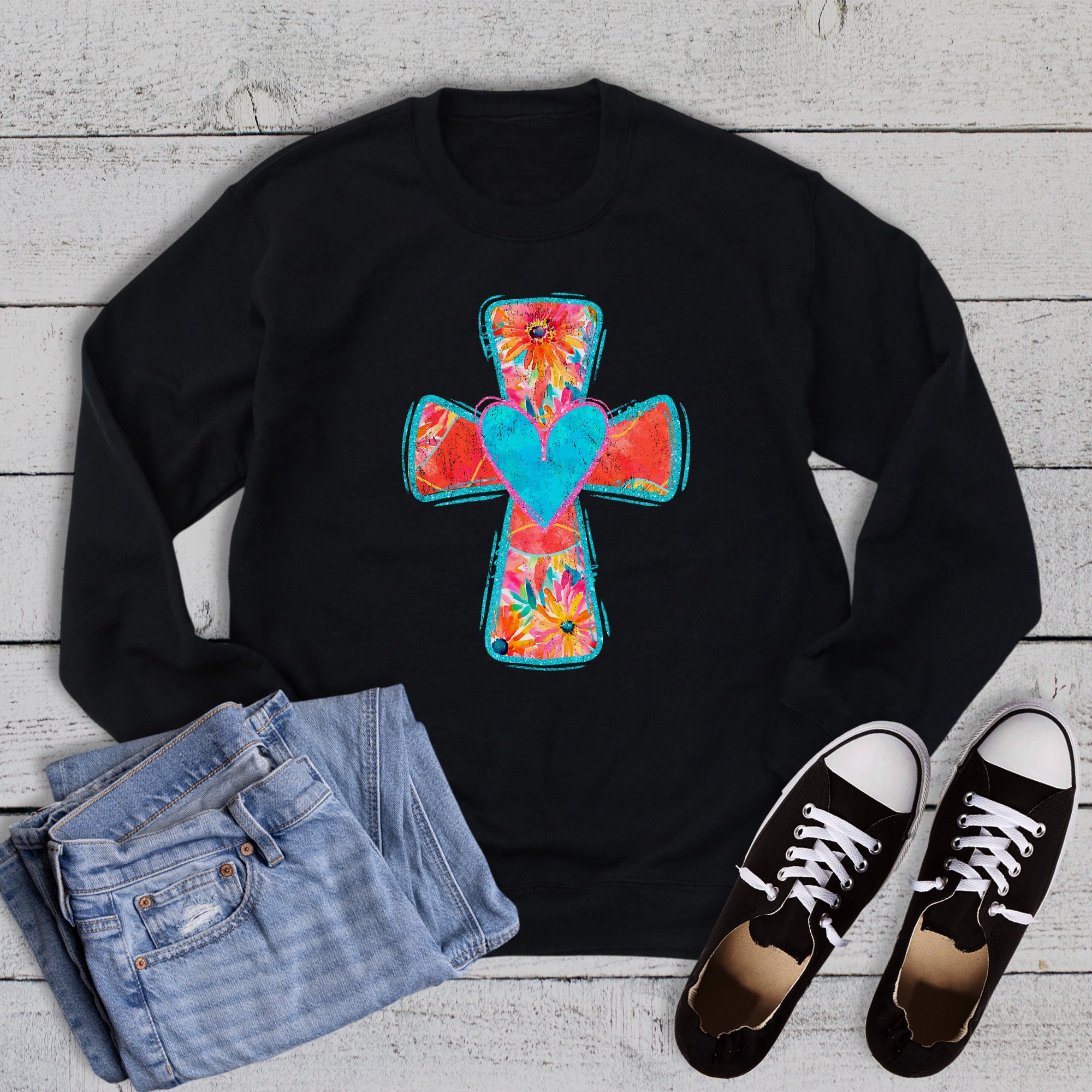 Retro Faith Colorful Floral Cross Graphic Sweatshirt