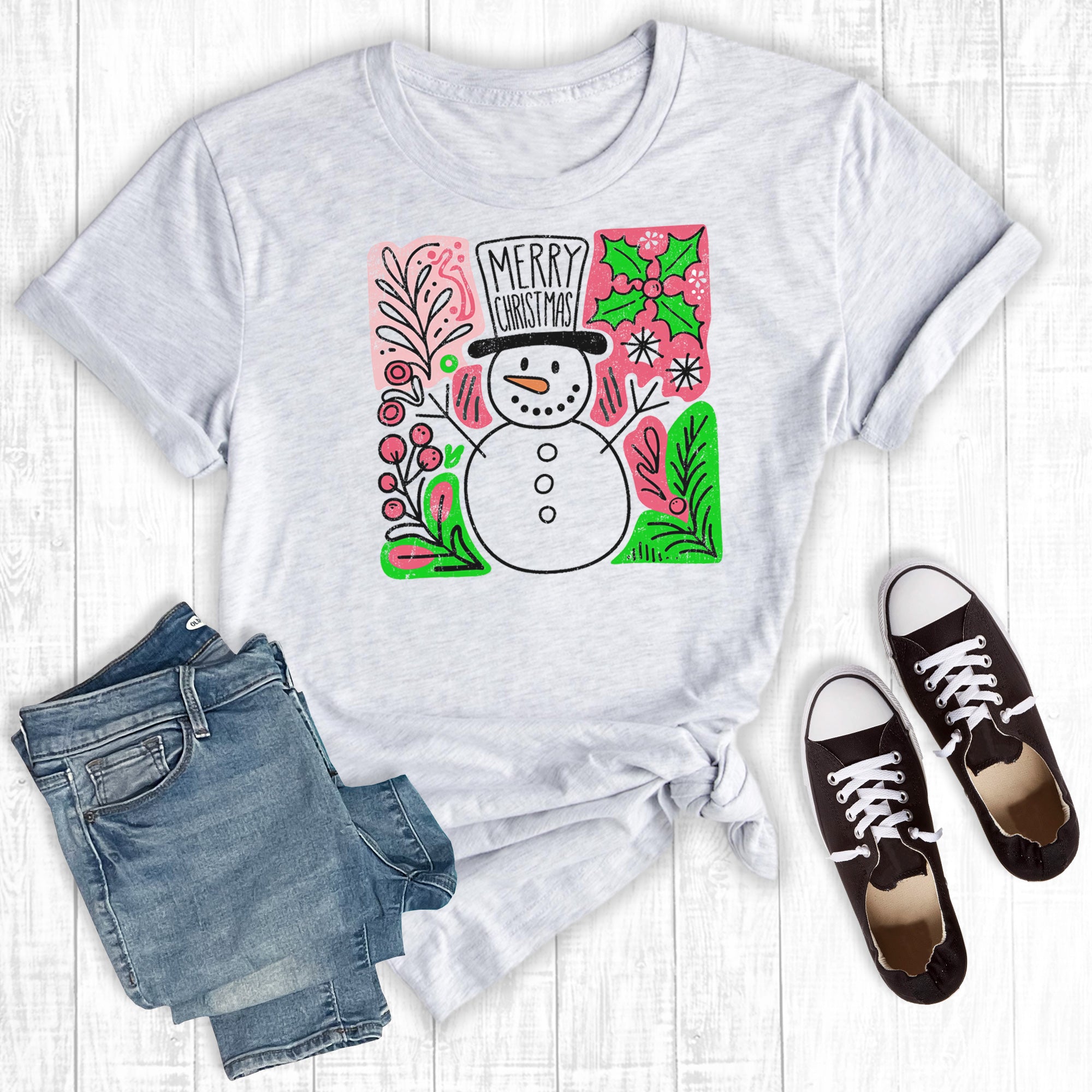 Retro Floral Merry Christmas Snowman