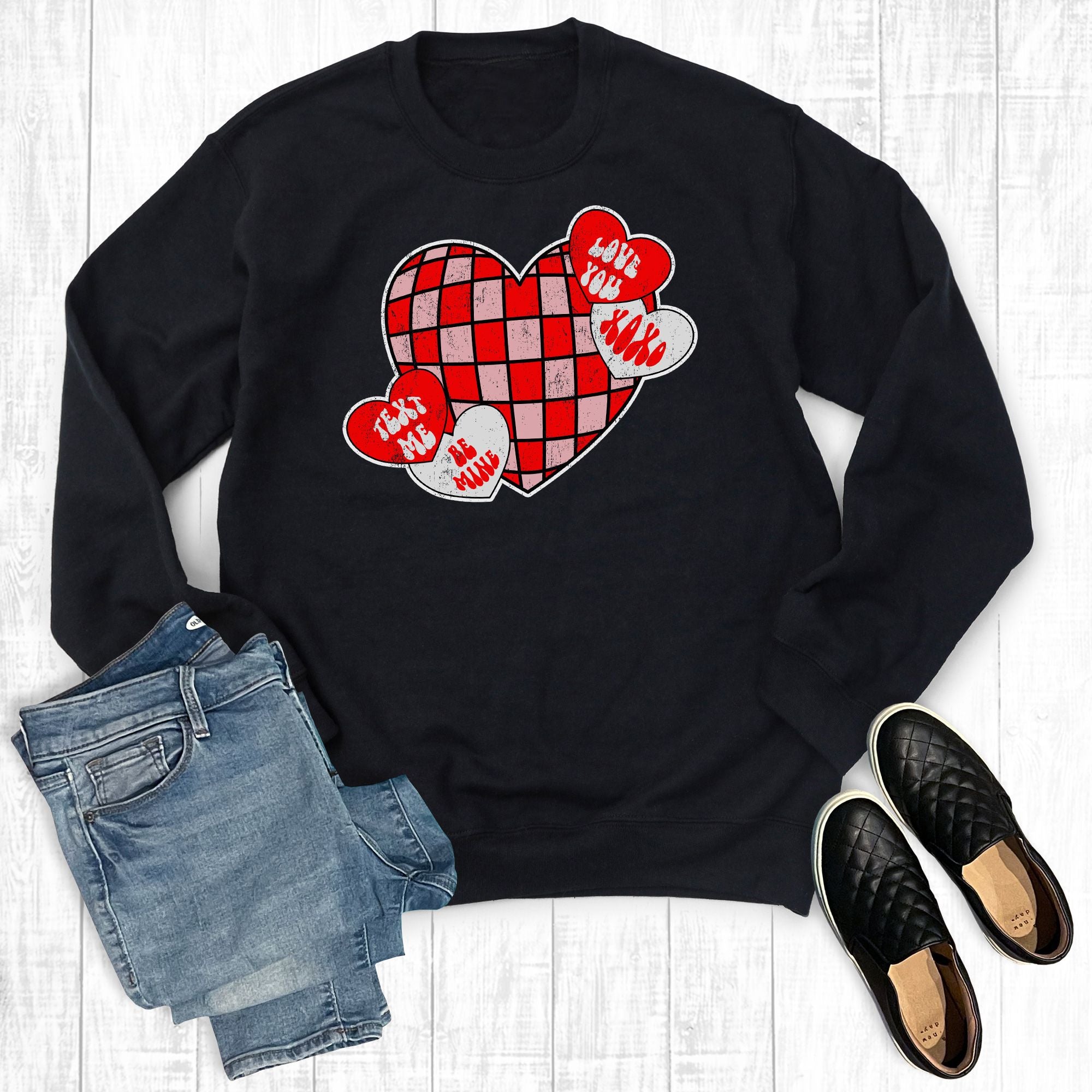 Retro Valentines Day Hearts Black Sweatshirt