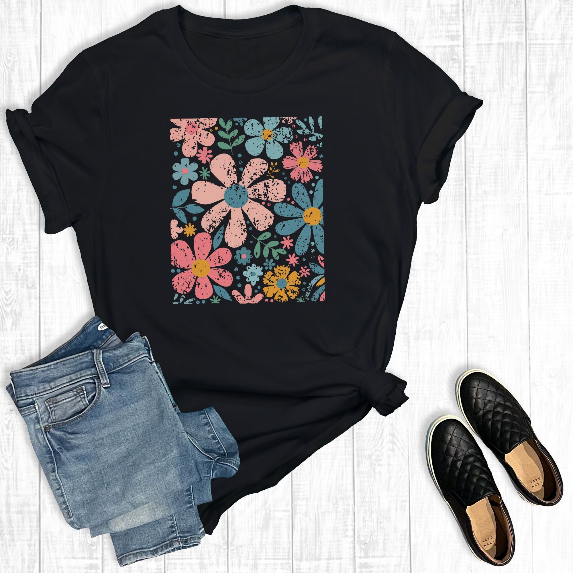 Retro Boho Flowers Black