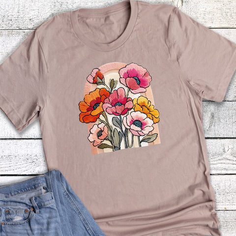 Spring Faux Knit Retro Floral Arch Graphic Tee
