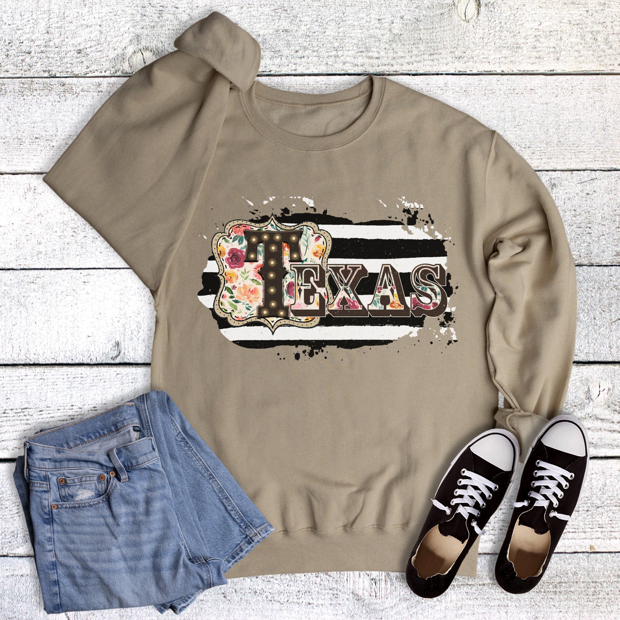Texas Floral Bulb Lights Striped Sweatshirt