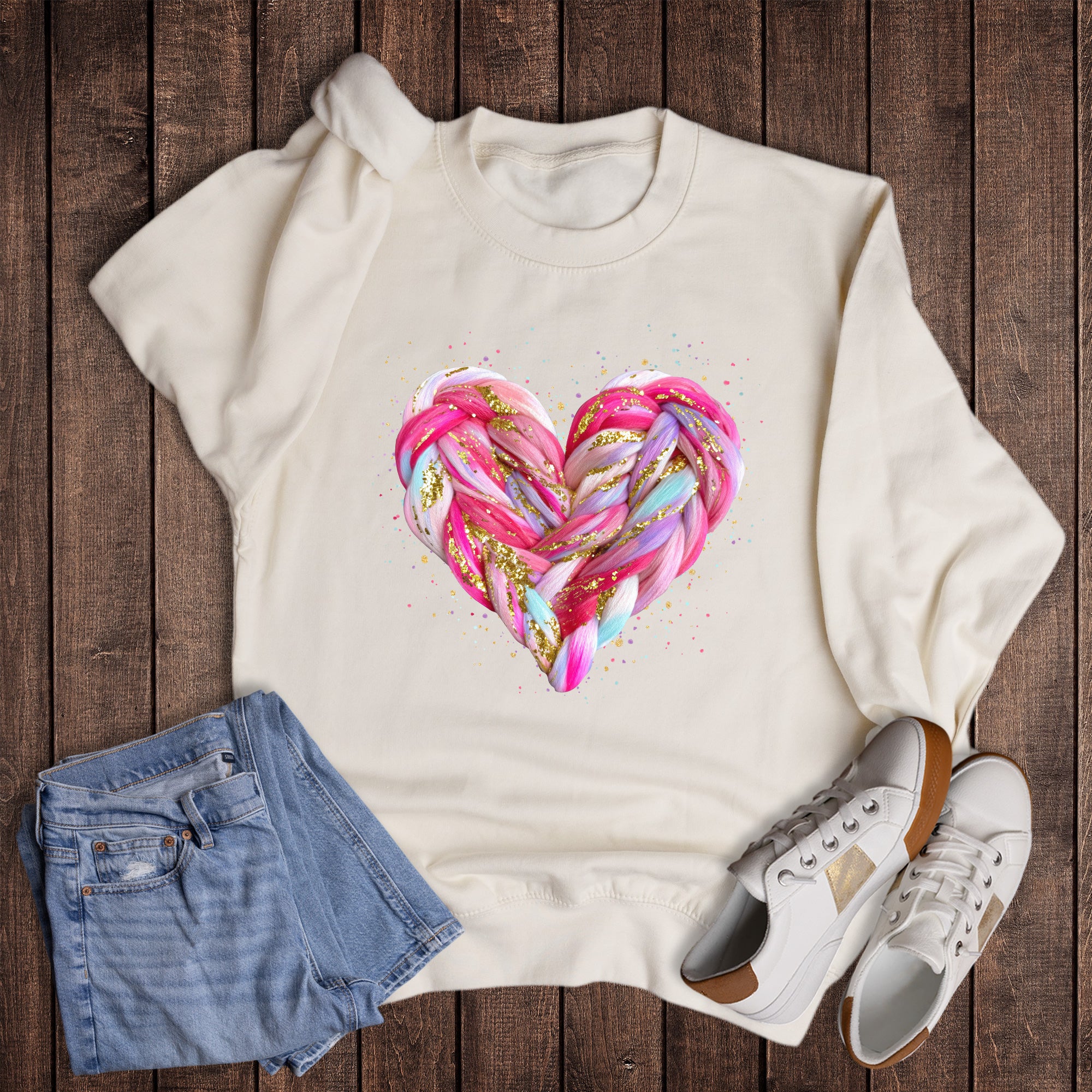 Valentine Faux Yarn Pastel and Gold Heart Sweatshirt