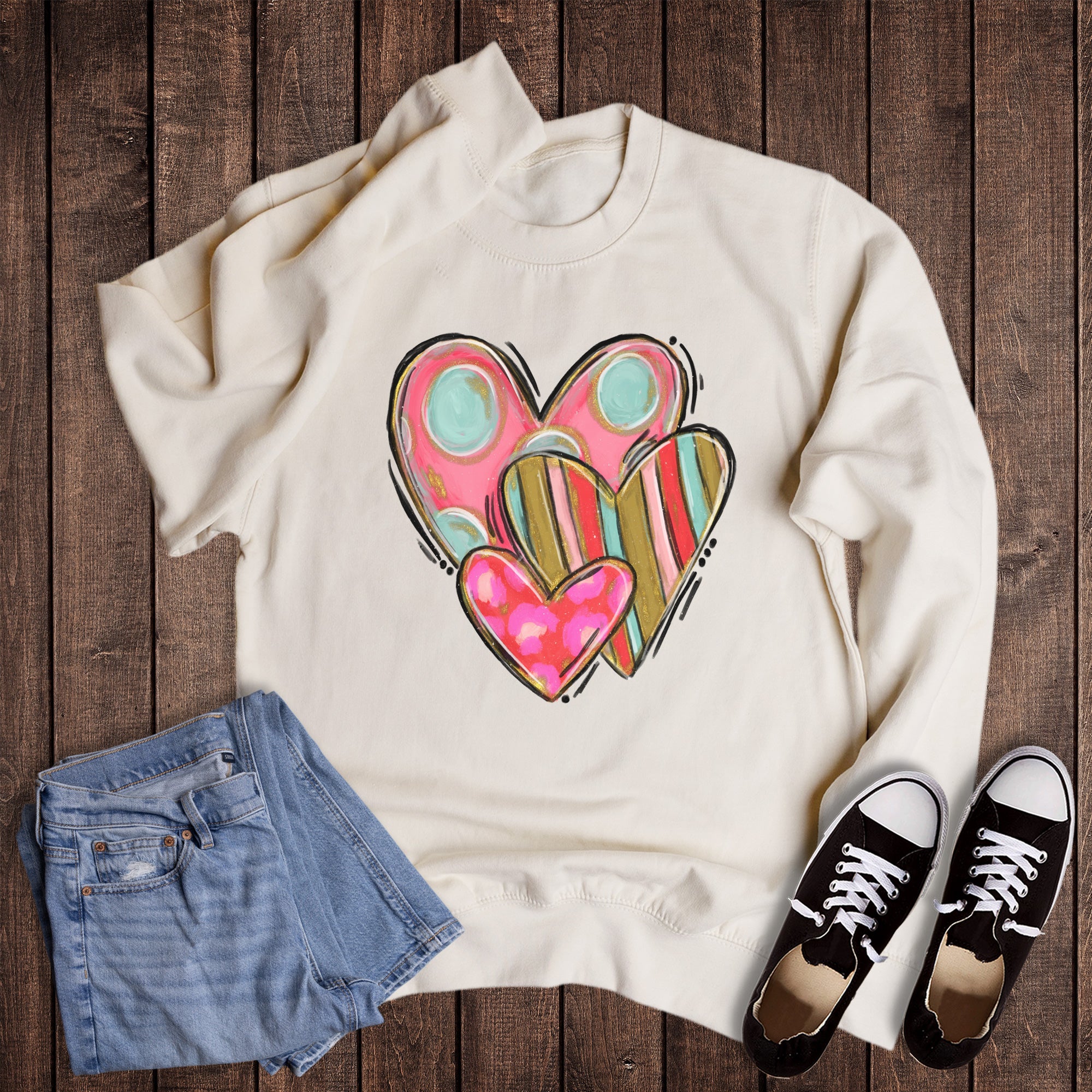 Valentine Sketch Heart Trio Sweatshirt