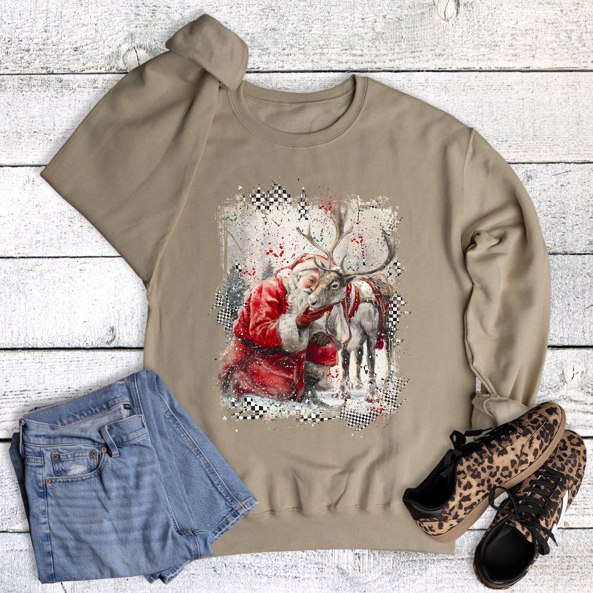 Vintage Kneeling Santa and Reindeer Sweatshirt