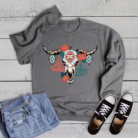 Western Aztec Floral Cow Skull Sweatshirt