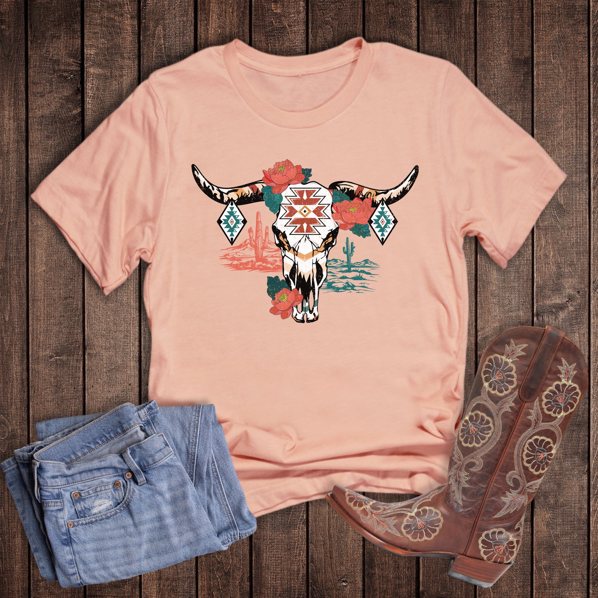 Western Aztec Floral Cow Skull