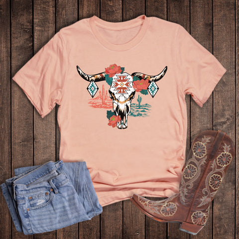 Western Aztec Floral Cow Skull