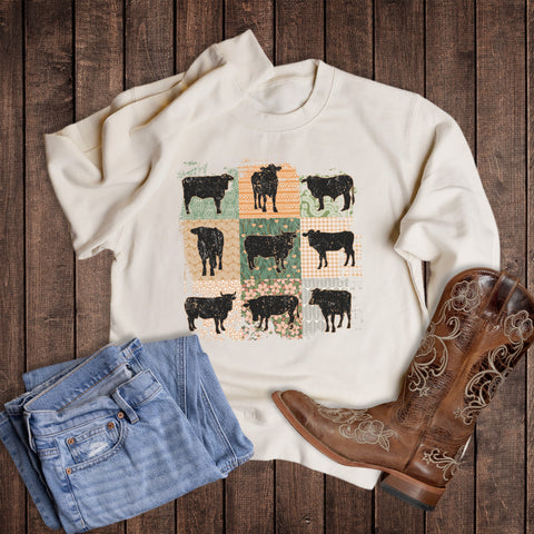 Western Boho Checkered Cows Graphic Sweatshirt
