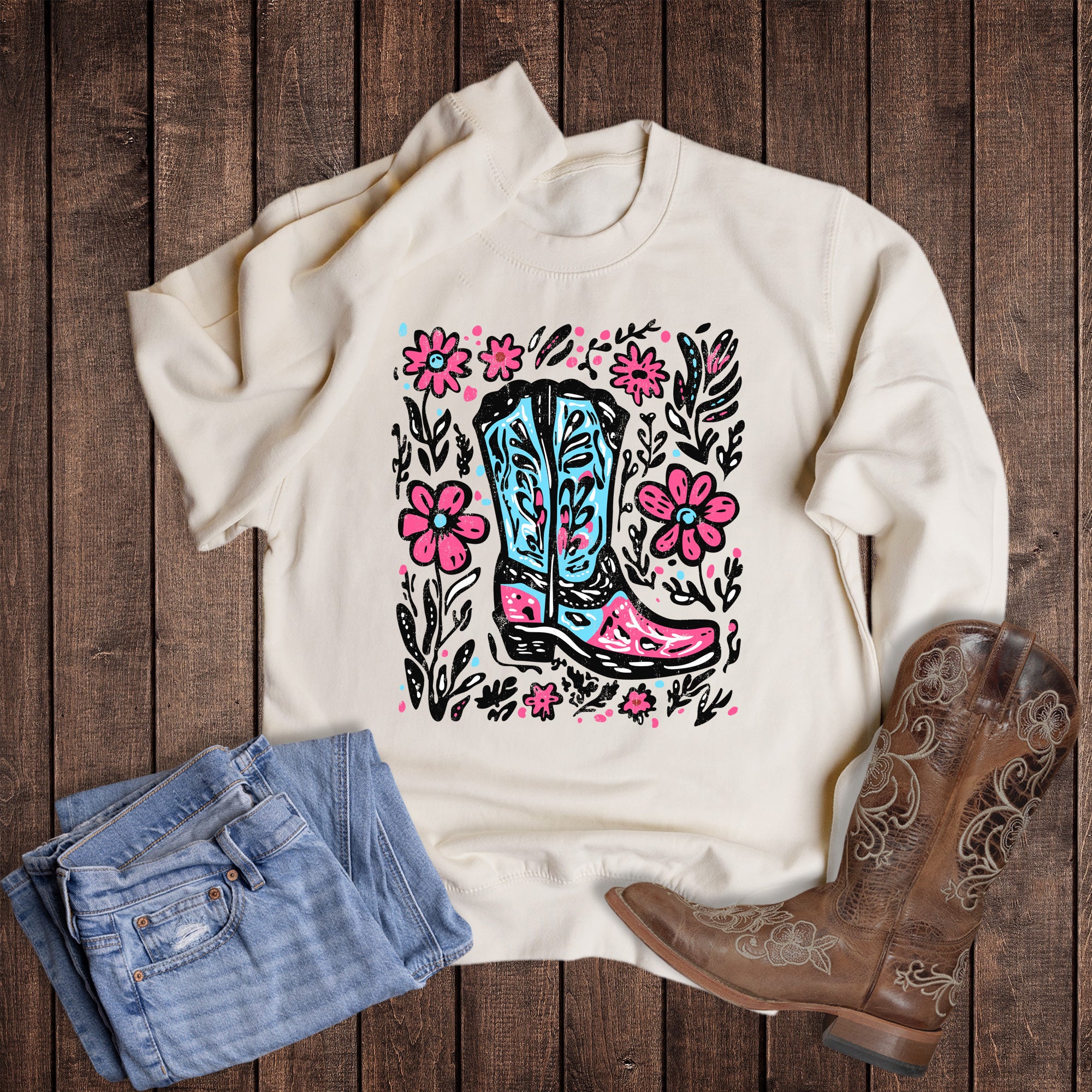 Western Boho Cowgirl Boot Sweatshirt