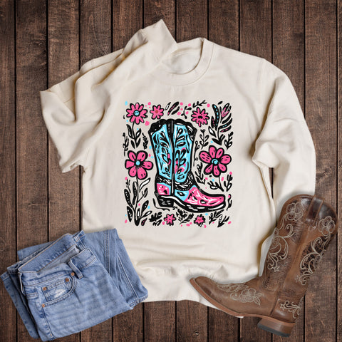Western Boho Cowgirl Boot Sweatshirt