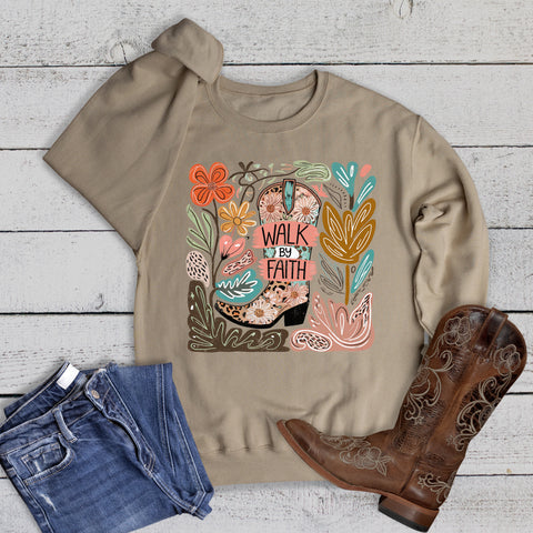 Western Boho Walk By Faith Cowgirl Boot Sweatshirt