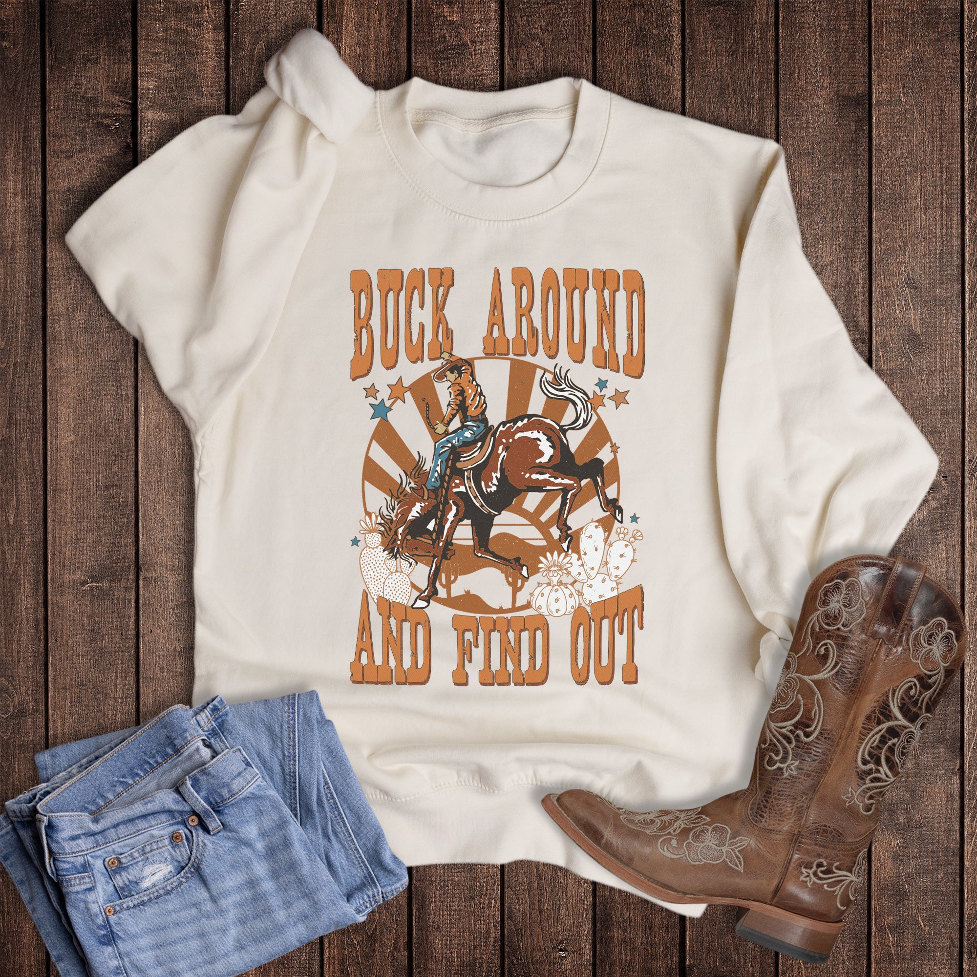 Western Buck Around Find Out Cactus Sweatshirt