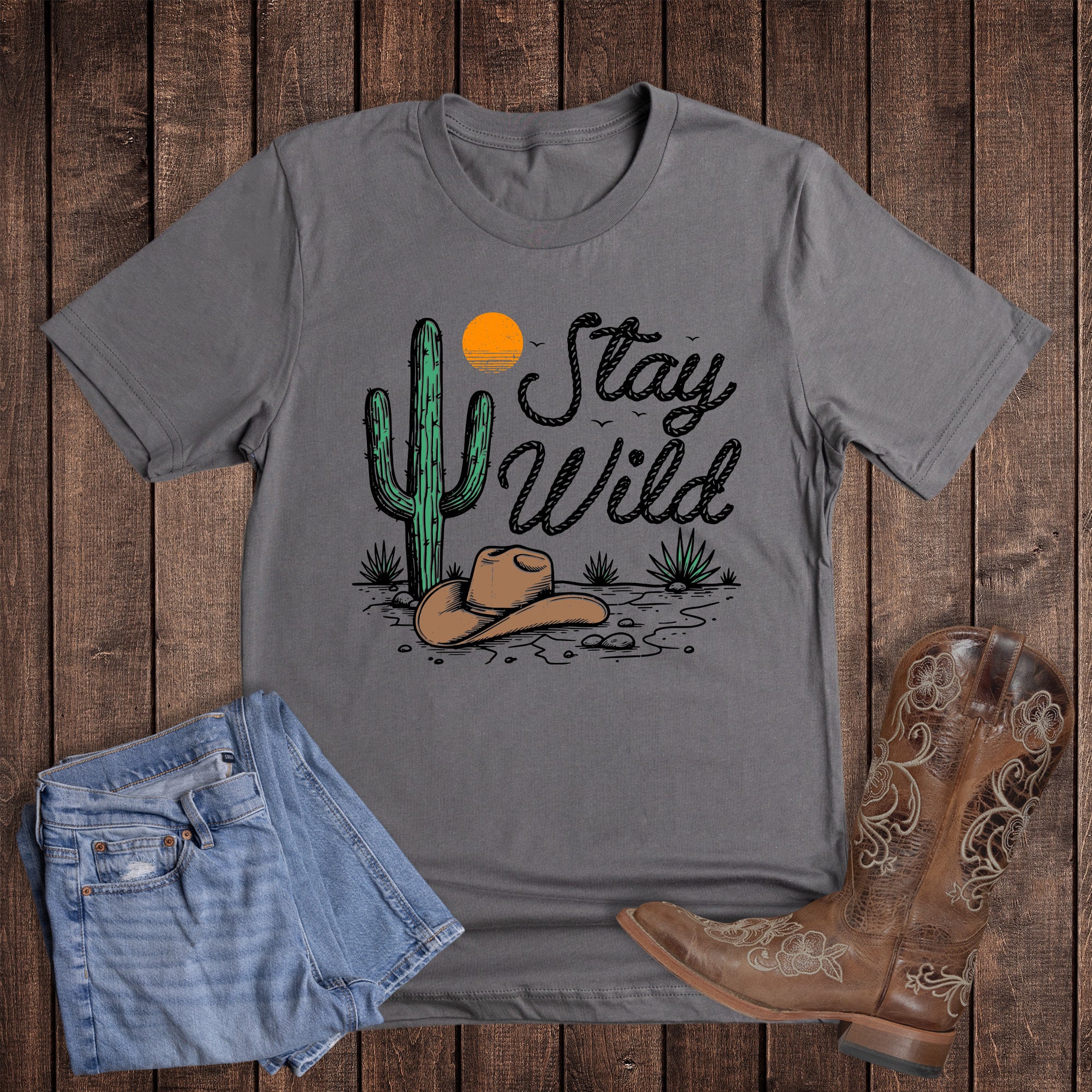 Western Cactus Sunset Stay Wild Graphic Tee
