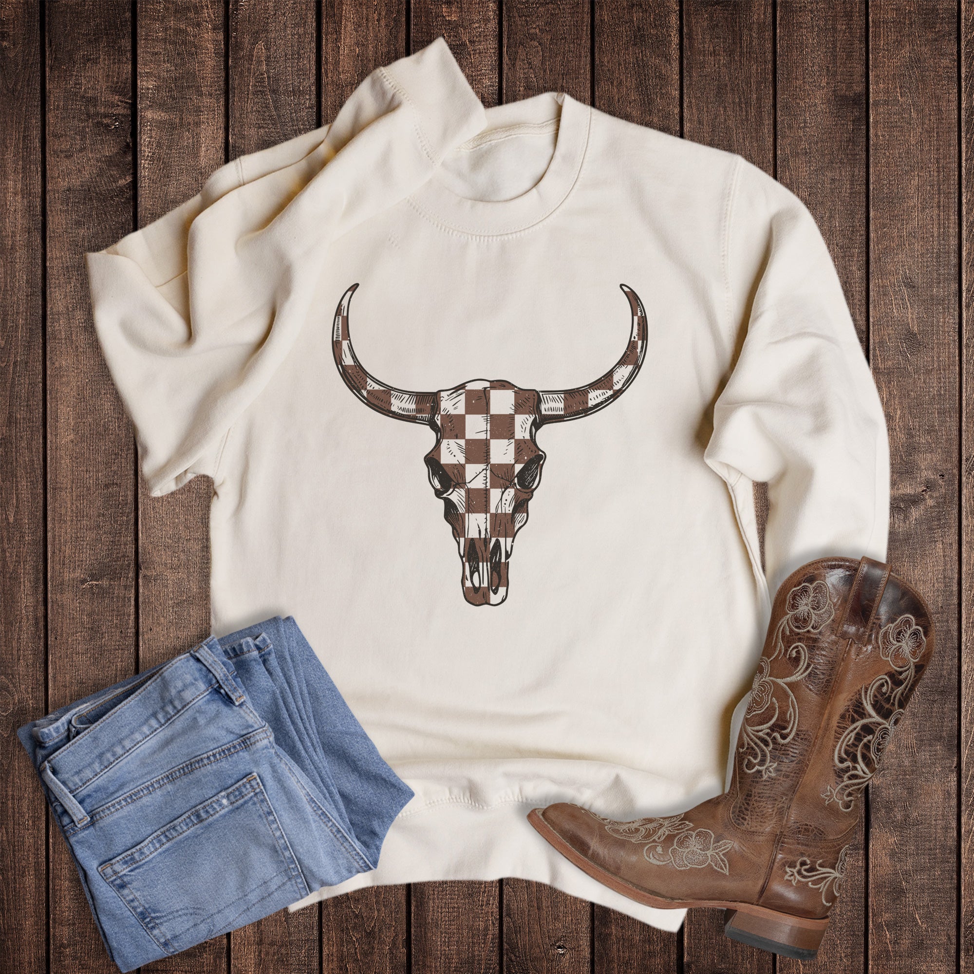 Western Check Cow Skull Sweatshirt