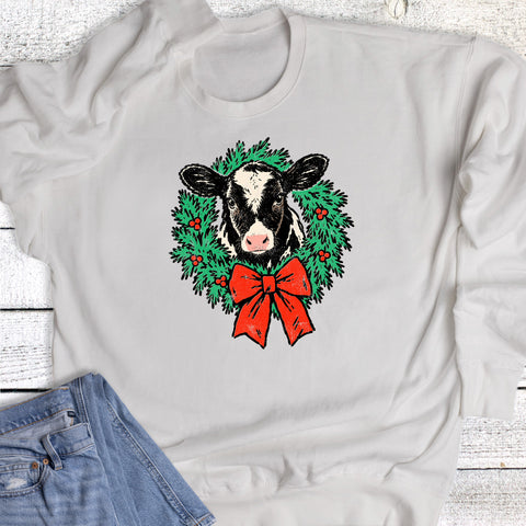 Western Christmas Cow Wreath Sweatshirt