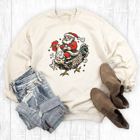 Western Christmas Santa on Chicken Graphic Sweatshirt