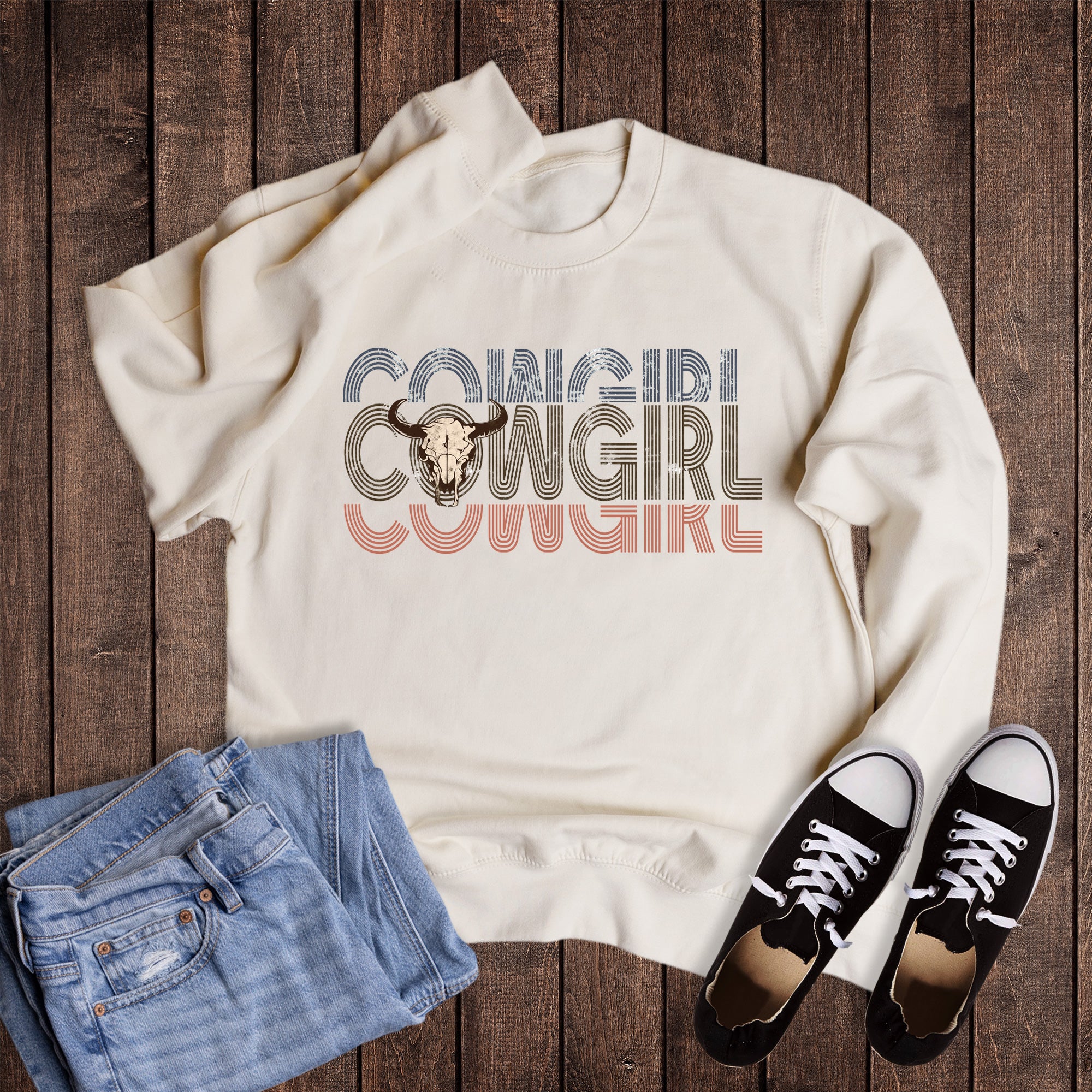 Western Cow Skull Stacked Cowgirl Sweatshirt