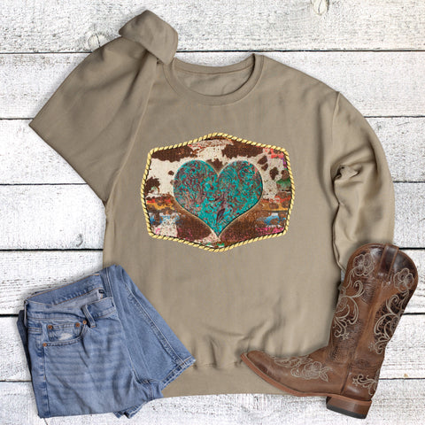Western Cow Turquoise Heart Buckle Sweatshirt