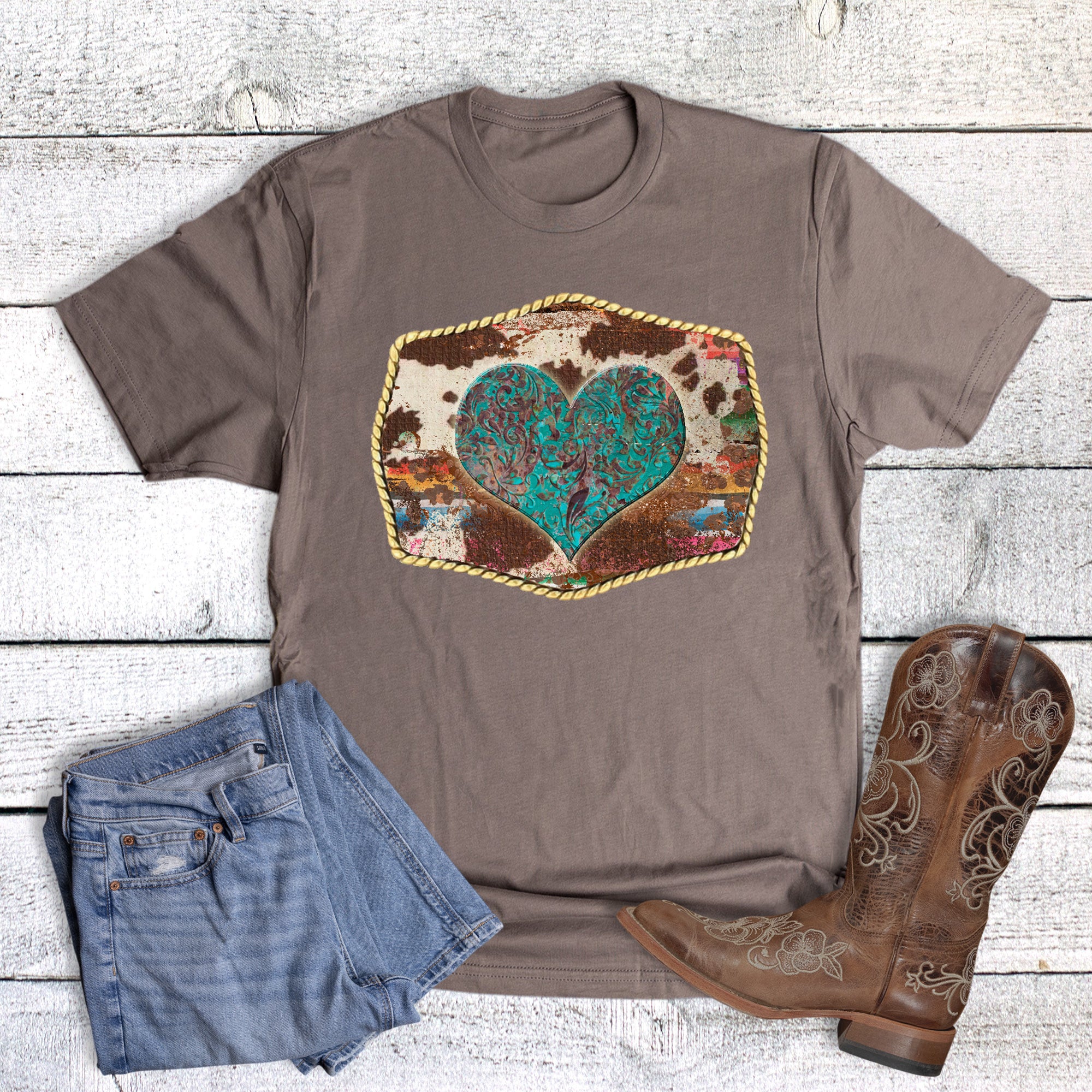 Western Cow Turquoise Heart Buckle