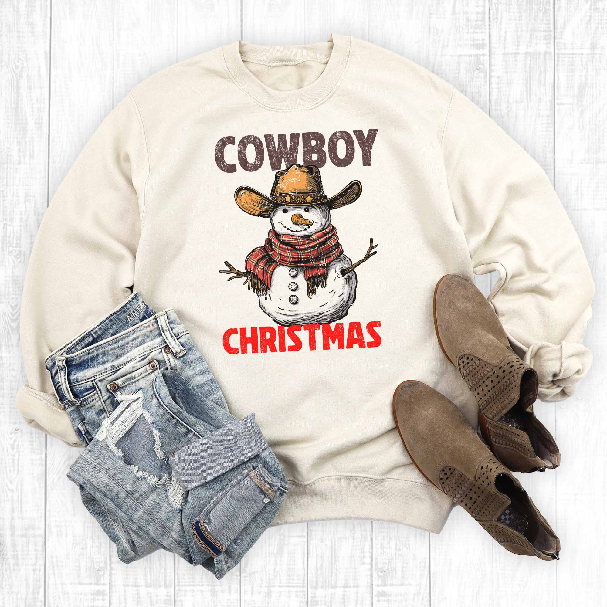 Western Cowboy Christmas Snowman Graphic Sweatshirt