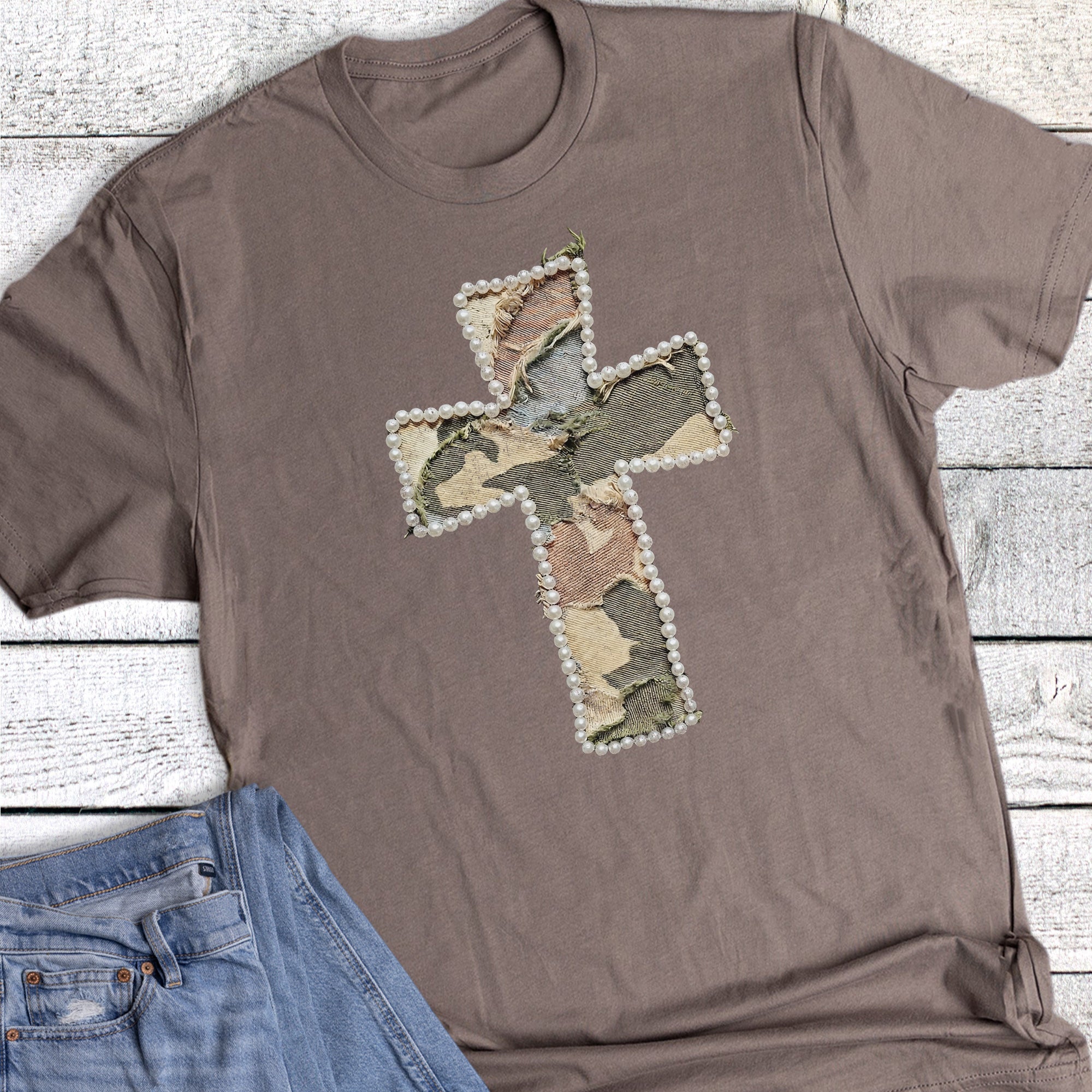 Western Faith Camo Faux Pearl Cross Graphic Tee