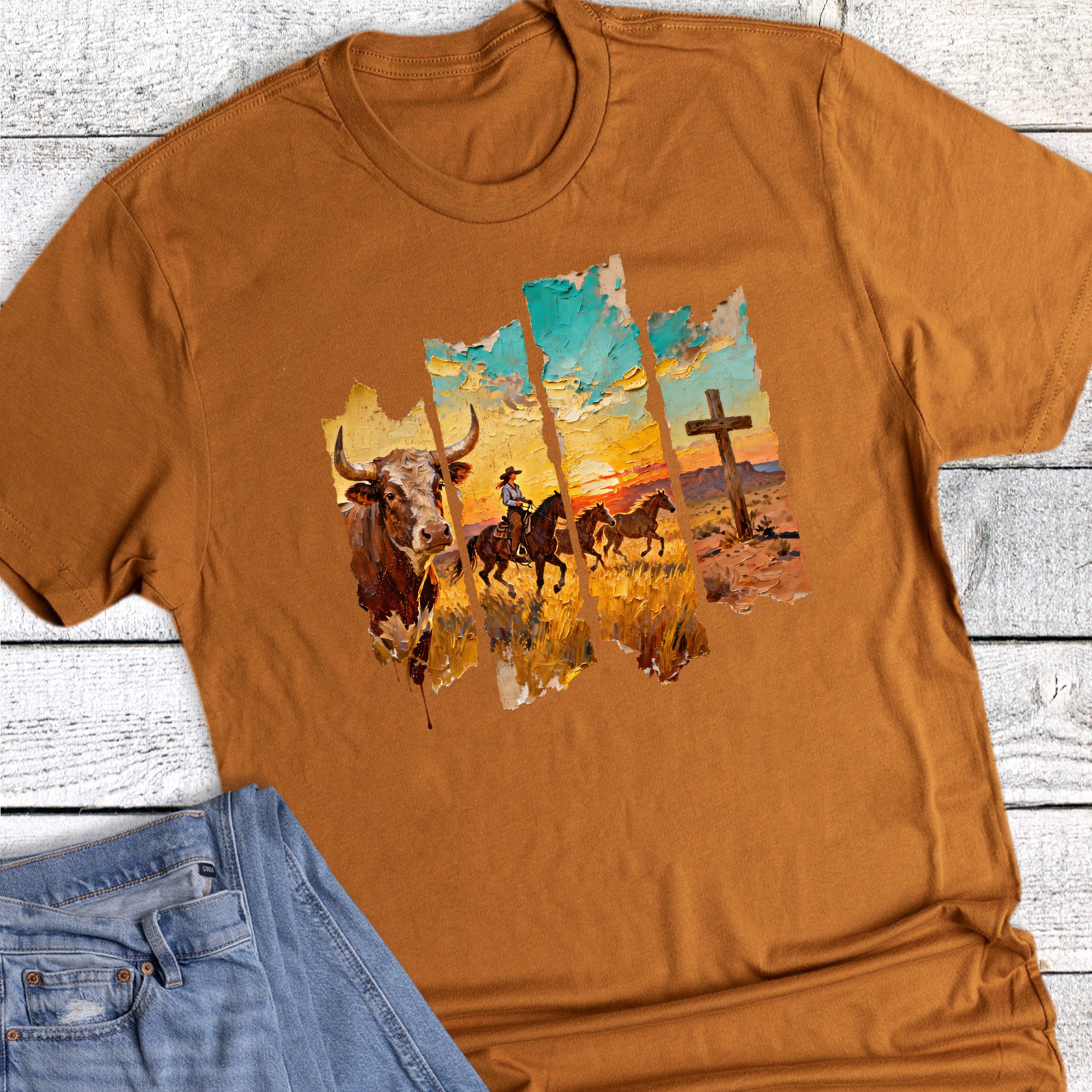 Western Brushstroke Cowgirl And Horses Sunset Graphic Tee