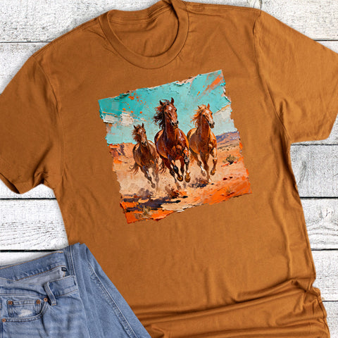 Western Faux Brushstroke With Horses Graphic Tee